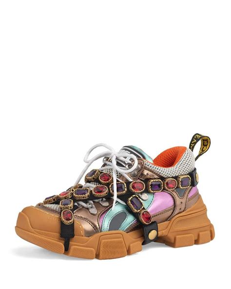 Gucci Flashtrek Metallic Leather Hiker Sneaker With Chain Strap