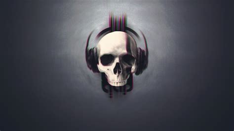 Download Skull Glitch Art Minimal Headphone Music 1366x768
