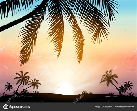 Card Realistic Palm Trees Silhouette Tropical Grunge Sunset Beach