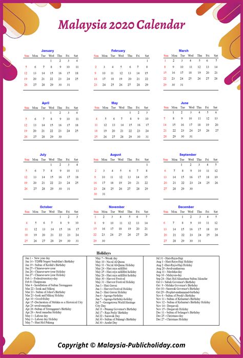 Malaysia 2020 Holiday Calendar