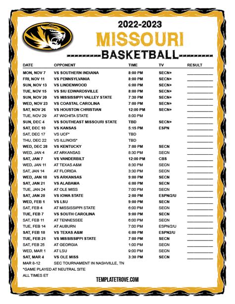 Printable 2022 2023 Missouri Tigers Basketball Schedule