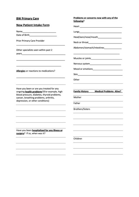 Bw Primary Care New Patient Intake Form Printable Pdf Download