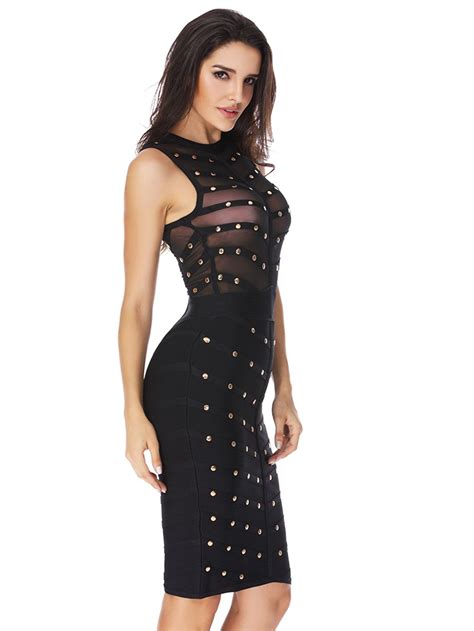 Shop Studded Sheer Mesh Panel Bandage Dress Online Shein Offers