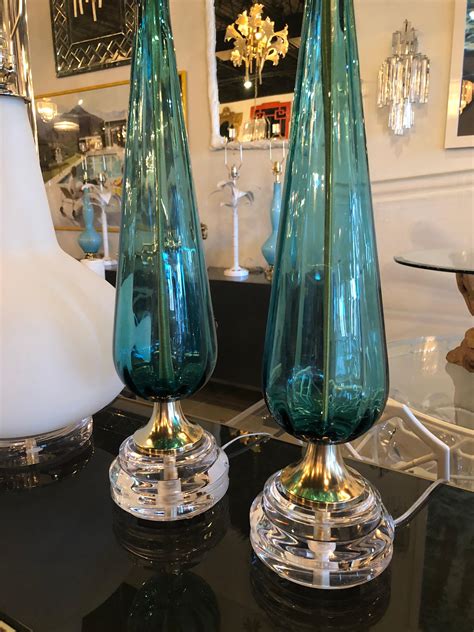 Vintage Murano Aqua Blue Glass Brass Lucite Table Lamp A Pair At 1stdibs Vintage Blue Glass