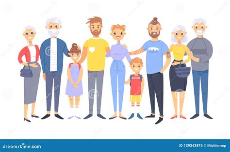 Set Of Different Caucasian Couples And Families Cartoon Style People