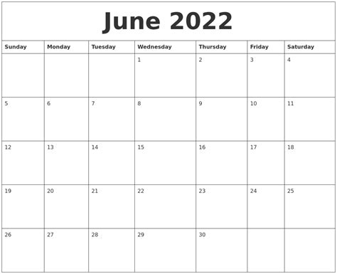 June 2022 Printable Calendar Free