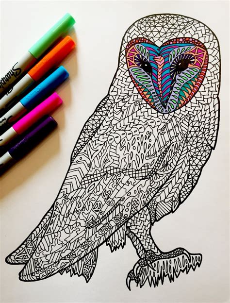 Barn Owl Pdf Zentangle Coloring Page Scribble And Stitch