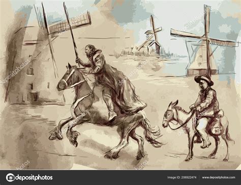 Here, don quixote receives a fresh inspiration, as his skeptical but willing sidekick is about to be drawn in to a new adventure. Don Quixote Sancho Panza Hand Painted Vector Illustration ...