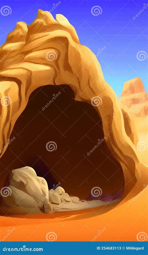 Desert Cave Entrance With A View On A Fantasy Landscape Stock