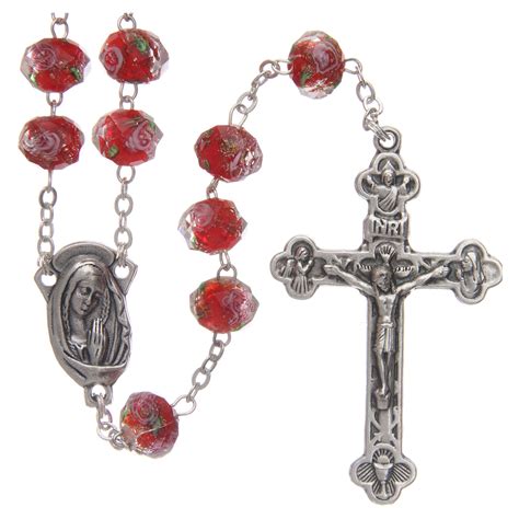 Glass Rosary Red Beads With Roses 9 Mm Online Sales On
