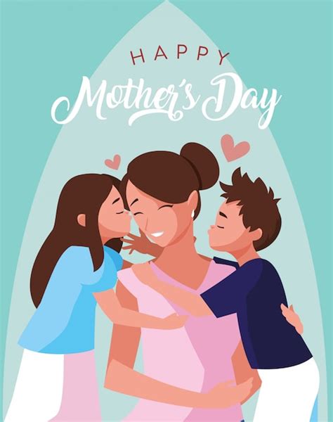 Feliz Tarjeta Del Día De La Madre Con Mamá E Hijos Vector Premium
