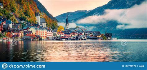 Stunning Autumn Sunrise On Hallstatt Lake Panoramoc Morning View Of