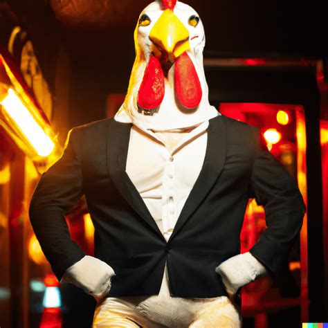 A Photo Of A Muscular Chicken Wearing A Tight Suit Working As A Bouncer