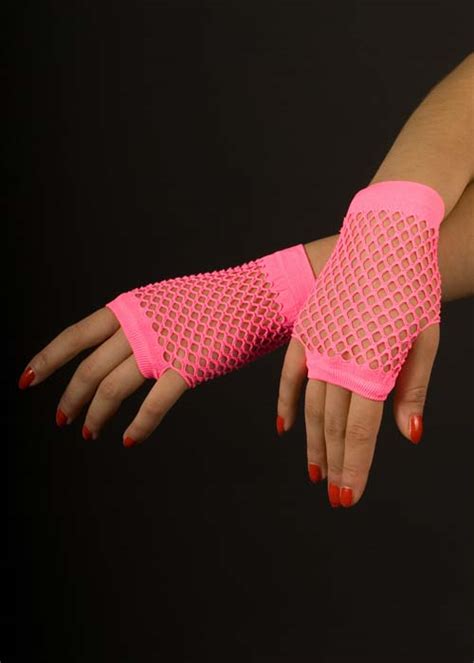 Ladies 80s Neon Pink Fishnet Fingerless Gloves