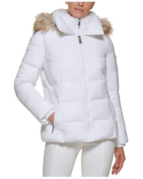 Calvin Klein Faux Fur Trim Hooded Puffer Coat In White Lyst