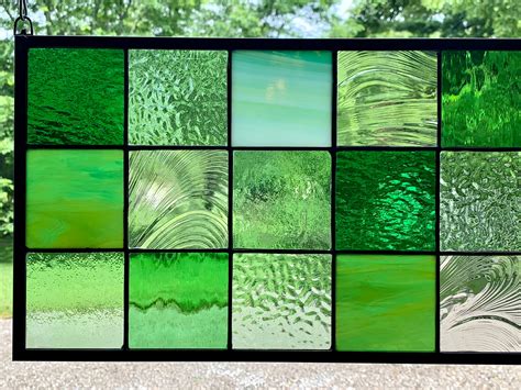 Honeydewglass Green Squares Stained Glass Panel 9 5 X 21 5