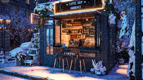 Outdoor Winter Night At Coffee Shop Ambience With Relaxing Jazz Music