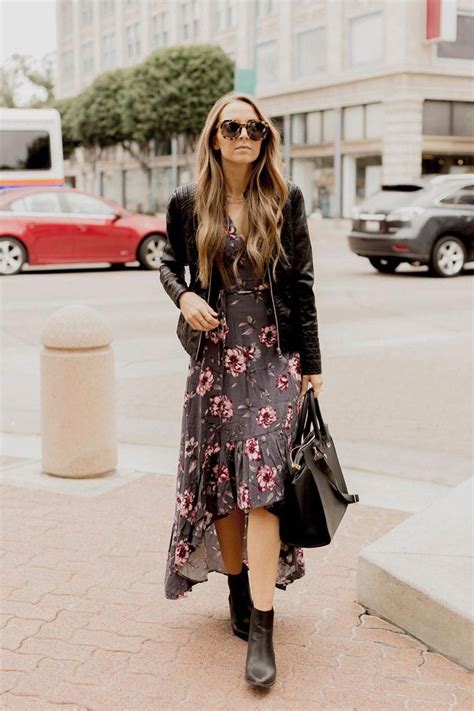 Floral Dress With Leather Jacket Womensfallfashionwithbootsproducts