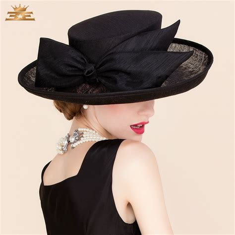 Summer Wedding Black Linen Fedora Hat For Women Large Brimmed Bowknot Dress Kentucky Derby Hats