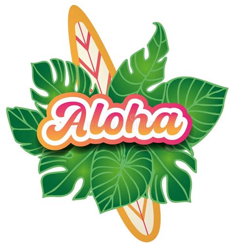 Vector Illustration With Surf Boards Tropical Leaves And Hand Drawn Text Aloha Stock Vector