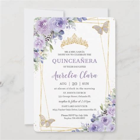Quinceañera Purple Lilac Floral Butterflies Tiara Invitation Zazzle