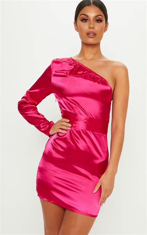 Hot Pink Satin Shoulder Bodycon Dress Prettylittlething Aus