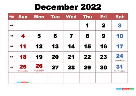 Free December 2022 Calendar With Holidays Printable