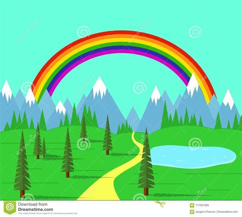 Road In The Valley Among Mountains With Rainbow Stock Vector