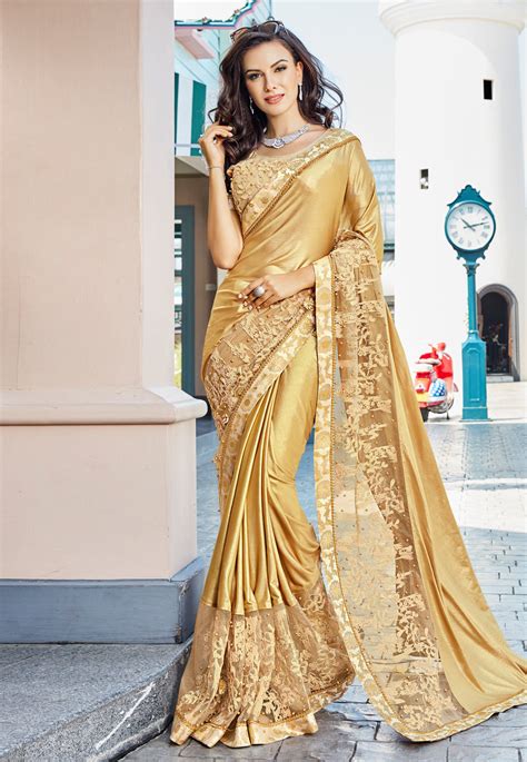 Golden Satin Embroidered Saree With Blouse 180974 Saree Wedding