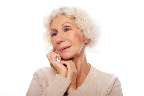 Lifestyle Emotion And People Concept Grey Haired Old Nice Beautiful Laughing Woman Isolated