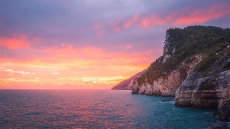 Colorful Sunset Witnessed In Porto Venere Italy Coast Sea Clouds