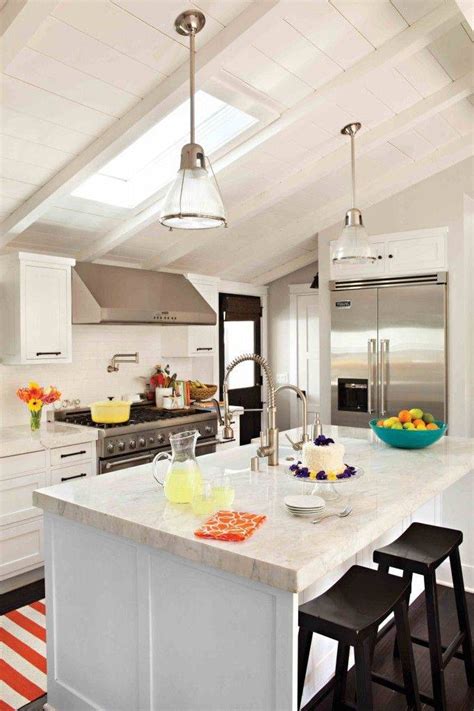 Bright attic kitchen in white and wood colors. 15 Collection of Pendant Lights for Vaulted Ceilings