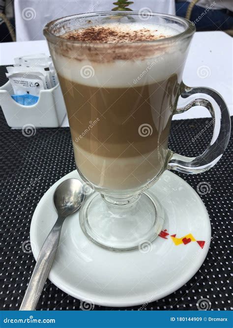 Photo Of A Cappuccino Served In Glass Cup Stock Image Image Of Break