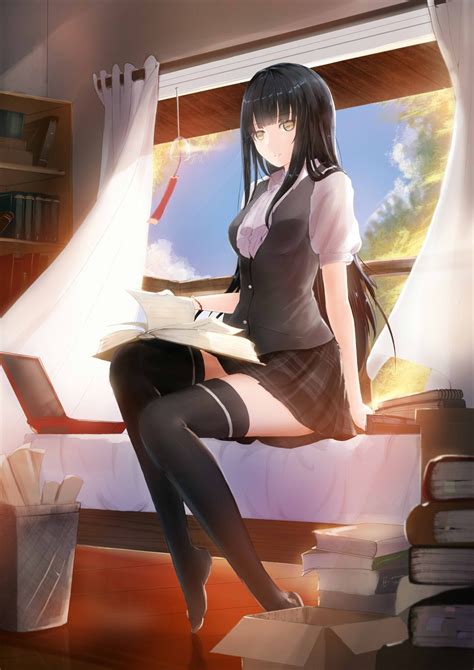1030934 Model Long Hair Anime Anime Girls Yellow Eyes Sitting Books Black Hair Thigh