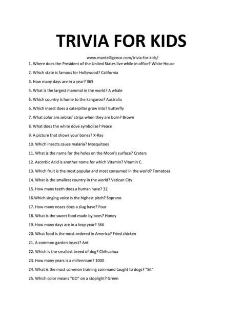 100 Best Printable Trivia Questions For Creative Kids With Answers