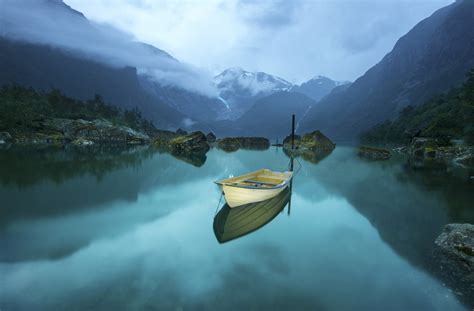 Boat Lake Morning Mountains Rocks Wallpapers Hd Desktop And