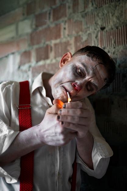 Retrato De Homem Com Maquiagem De Palha O Assustador E Cigarro Foto