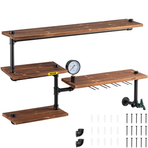Vevor Pipe Shelf Industrial Steel Pipes Shelving W 4 Tier Solid Wood