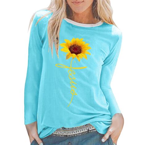 Tuscom Tuscom Womens Casual Sunflower Print Shirts O Neck Long Sleeve