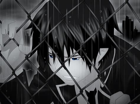 Male Anime Character Crying Under The Rain While Holding On Fence