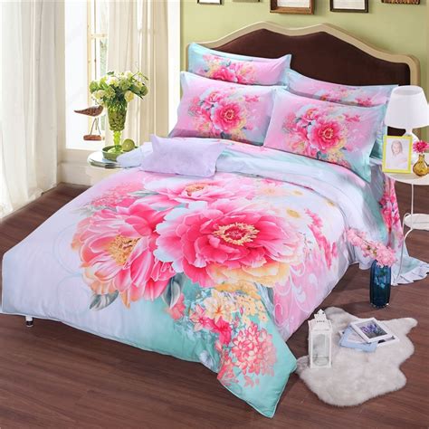 Bright Color 3d Pink Flower Bedding Set Queen Size Pink Rose Print