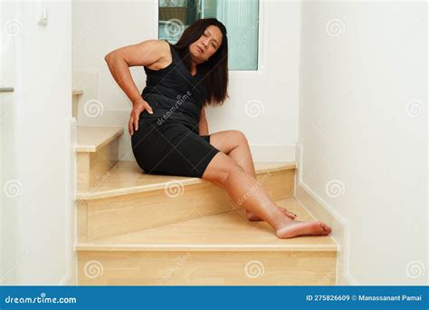 Asian Lady Woman Injury From Falling Down On Slippery Surfaces Stairs