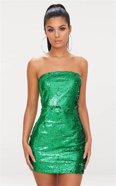 Bright Green Bandeau Sequin Bodycon Dress Prettylittlething Ie