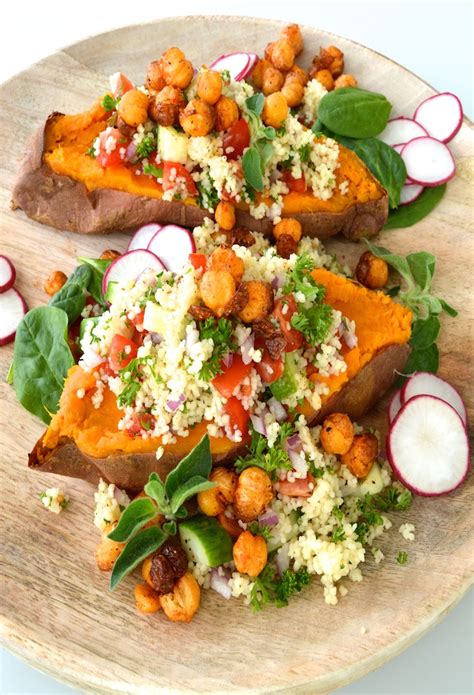 Baked Stuffed Sweet Potatoes With Cous Cous Tabbouleh And Crispy Fried