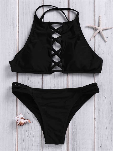 Novelty Halter Neck Lace Up Solid Color Hollow Out Bikini Set For Women Swimsuits Bathing