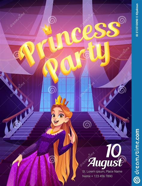 Princess Party Cartoon Flyer With Girl In Crown Stock Vector Illustration Of Birthday Bday