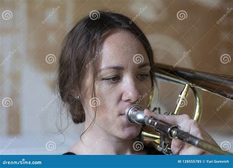 Teenage Girl Playing The Trombone Stock Image Image Of Music Pipe