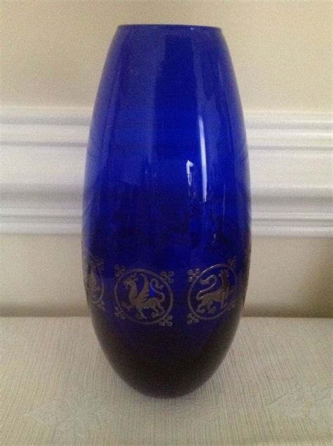 Egizia Cobalt Blue Vase With Sterling Silver Overlay Griffins Etsy Cobalt Blue Vase Blue