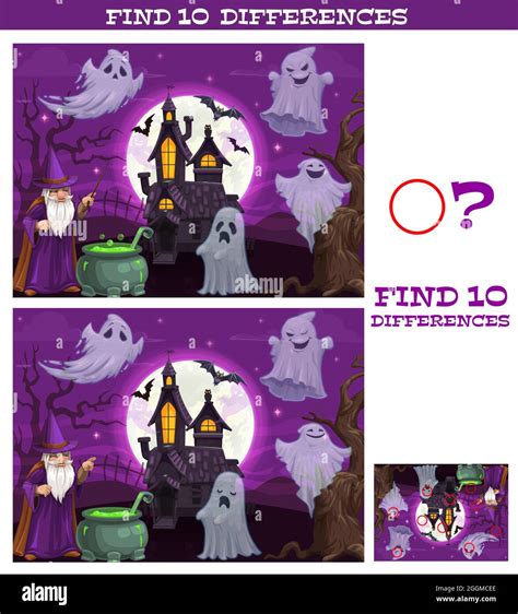 Kids Game Find Ten Differences Vector Cartoon Halloween Characters