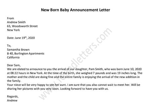 Sample Letter For New Born Baby Announcement